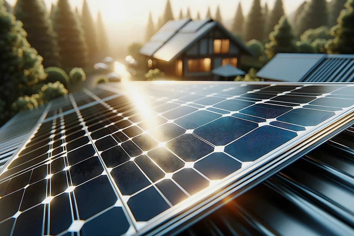 Photovoltaikflächen und Gebäude als Symbol für Energiebezug und betrieblichen Standort