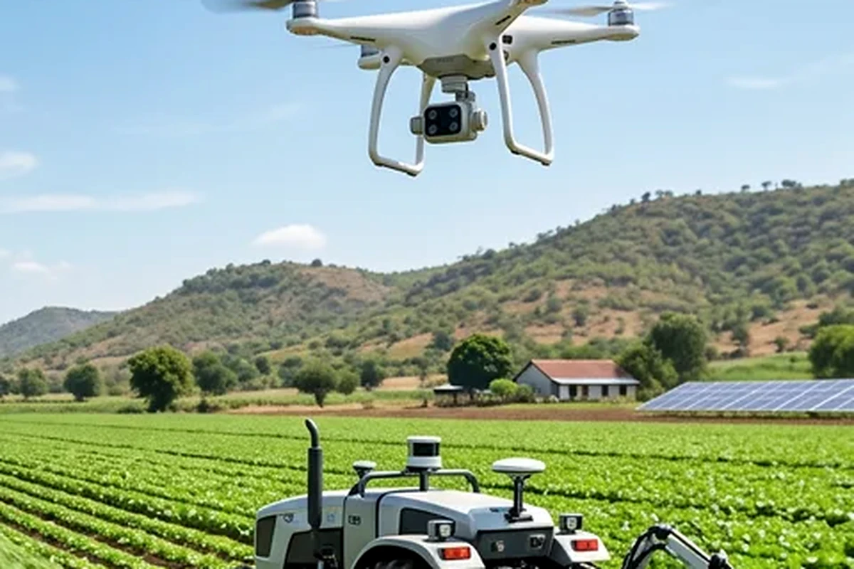 Drohne und autonome Landtechnik über bewirtschafteten Feldern als Symbol für einen modernen Agrarbetrieb